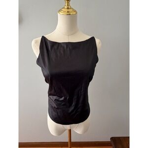 Vtg Black Spaghetti Strap Tie/Open Back Minimalist Slinky Satin Camisole Top